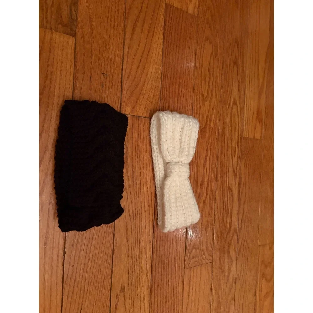 HM Divided Knit Headband Ear Warmer Bundle Black‎ Cream Braided Bow 3pc Set